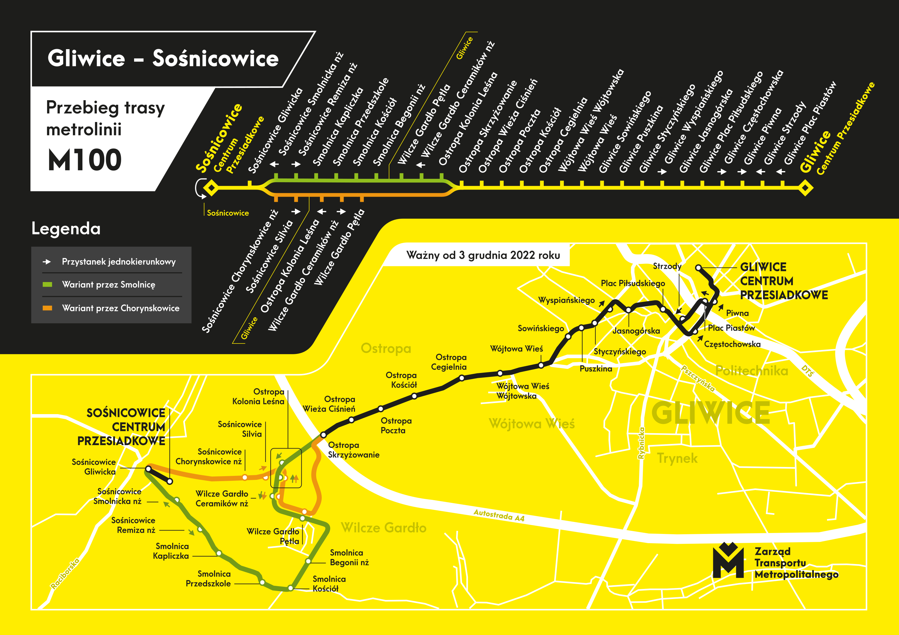 Trasa linii M100 od 3 grudnia 2022 roku