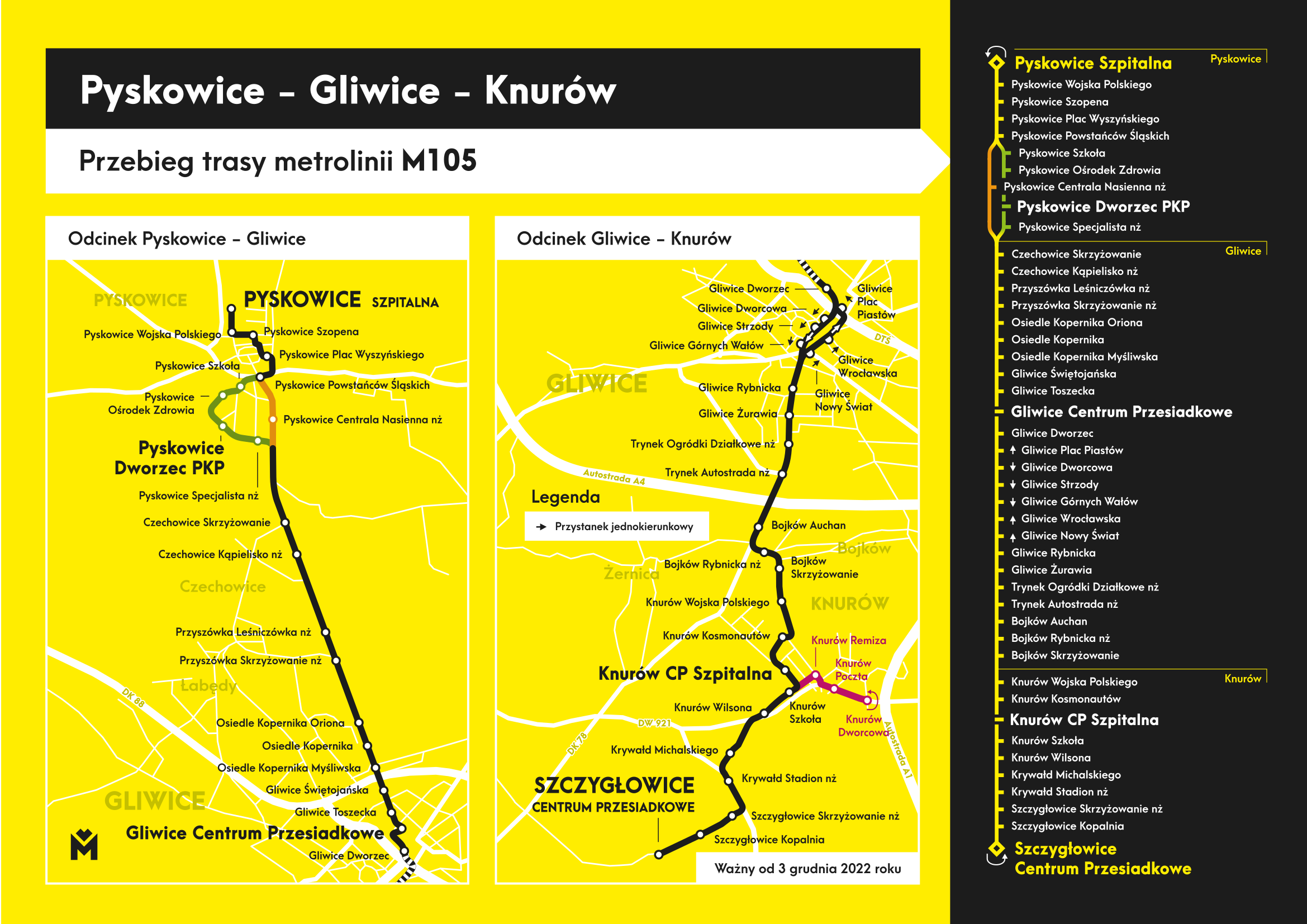 Trasa linii M105 od 3 grudnia 2022 roku